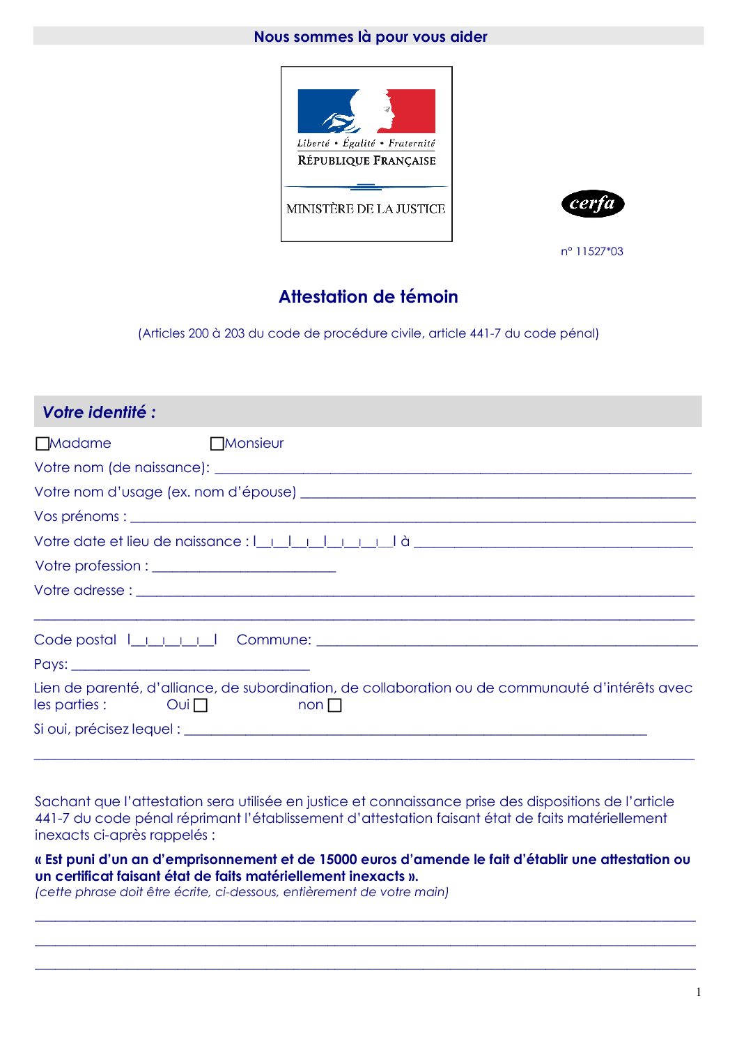 Formulaire d&rsquo;attestation de témoin